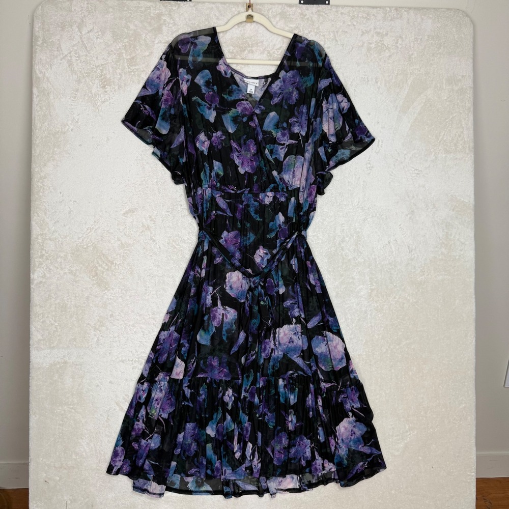 Ava & Viv Women 3X Purple Blue Floral Mesh Faux Wrap Tiered Midi Sheer Coverup